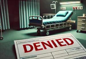 An empty hospital bed with a medical bill stamped "denied" in the foreground to represent the growing health and Financial crisis caused by health insurance claim denials in the Beau Gertz blog.