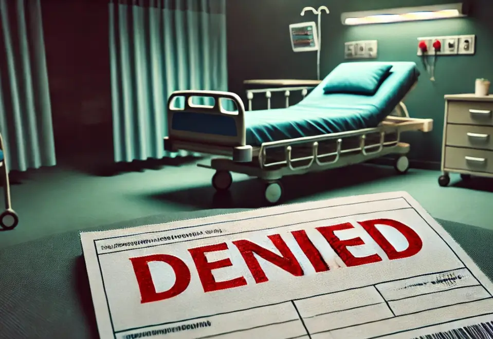 An empty hospital bed with a medical bill stamped "denied" in the foreground to represent the growing health and Financial crisis caused by health insurance claim denials in the Beau Gertz blog.